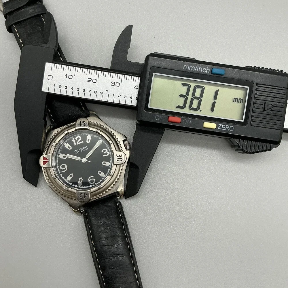 Vintage Guess Mens Watch 38mm Black Dial Silver Tone Leather Band New Battery